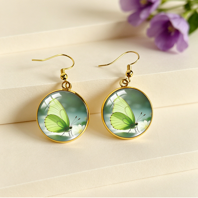 Green Butterfly and Flowers Round Earrings